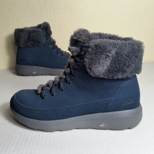 Skechers On The Go City 6 Navy Ankle Boots Faux Fur Water Repellent Lace Up